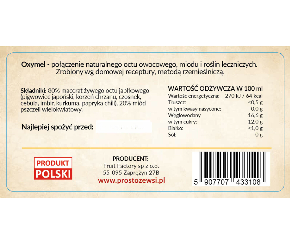 Żywy ocet z dodatkami Oxymel 330 ml Prosto ze Wsi